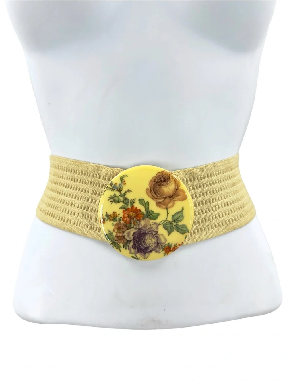 Vintage Wide Stretch Belt West Germany Floral Round Statement Buckle Boho Cottag